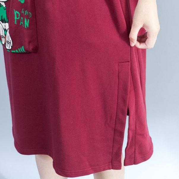 red fashion back prints cotton casual dresses plus size large pockets prints thick shift dress