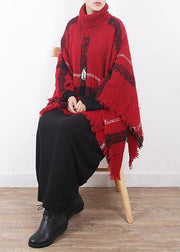 red plaid tassel cloak women casual high neck knit sweater - bagstylebliss