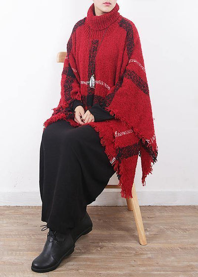 red plaid tassel cloak women casual high neck knit sweater - bagstylebliss