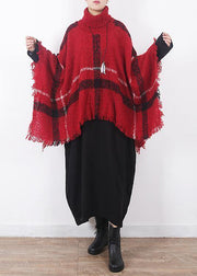 red plaid tassel cloak women casual high neck knit sweater - bagstylebliss