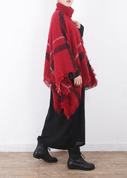 red plaid tassel cloak women casual high neck knit sweater - bagstylebliss