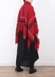 red plaid tassel cloak women casual high neck knit sweater - bagstylebliss