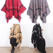 red plaid tassel cloak women casual high neck knit sweater - bagstylebliss