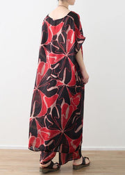 red prints chiffon v neck long tops and vintage casual pants two pieces - bagstylebliss
