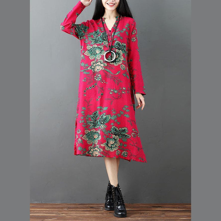 red prints linen dresses plus size clothing side open linen clothing dresses casual long sleeve linen caftans