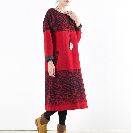 red vintage winter dresses 2024 winter woolen print maxi dress pullover caftans long shirts