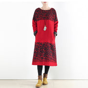 red vintage winter dresses 2024 winter woolen print maxi dress pullover caftans long shirts