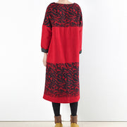 red vintage winter dresses 2024 winter woolen print maxi dress pullover caftans long shirts