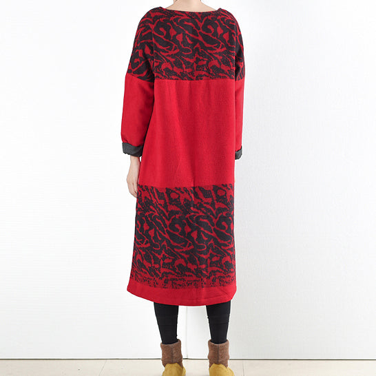 red vintage winter dresses 2024 winter woolen print maxi dress pullover caftans long shirts