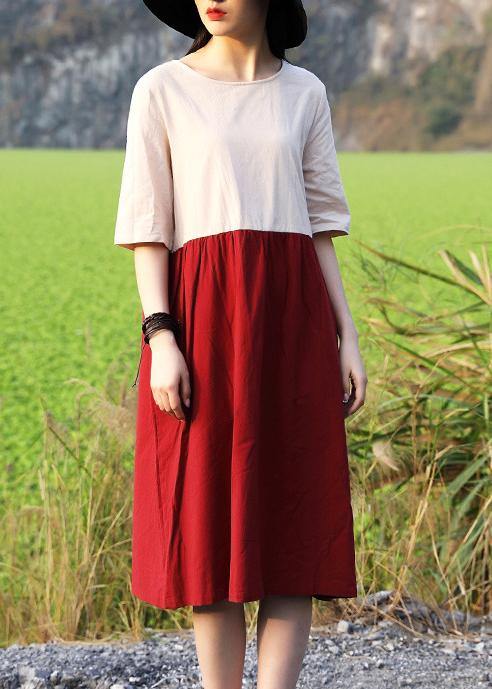 red women 2019 natural Cotton tunics for Summer Vintage Solid Color Short Dress - bagstylebliss