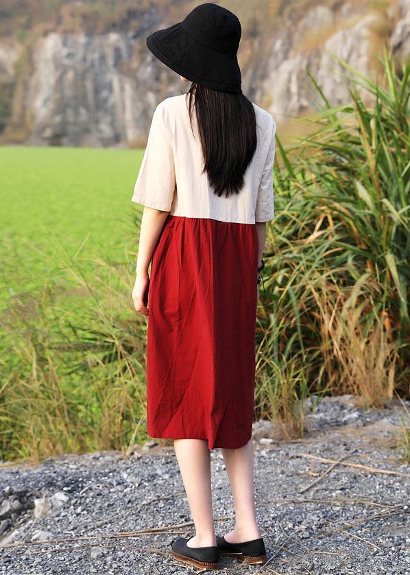 red women 2019 natural Cotton tunics for Summer Vintage Solid Color Short Dress - bagstylebliss