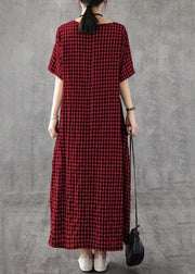 Red Plaid Linen Dresses Summer Long Cotton Dress Maxi Gown - bagstylebliss