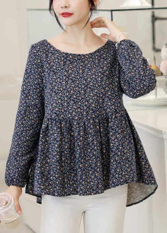 retro Navy O-Neck Print Loose Cotton Top Long Sleeve