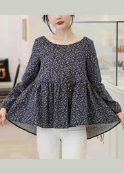 Retro Navy O-Neck Print Loose Cotton Top Long Sleeve