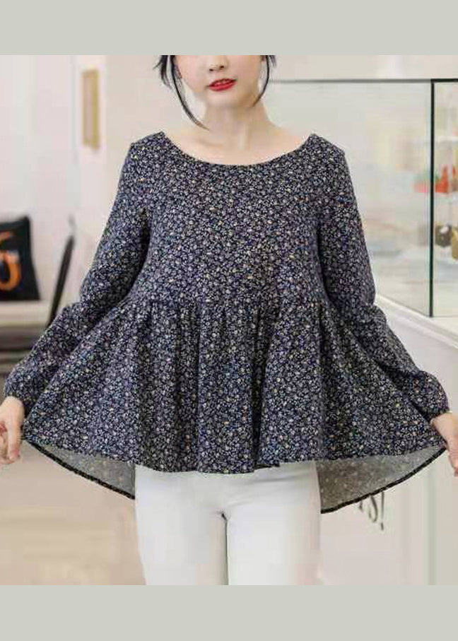 retro Navy O-Neck Print Loose Cotton Top Long Sleeve