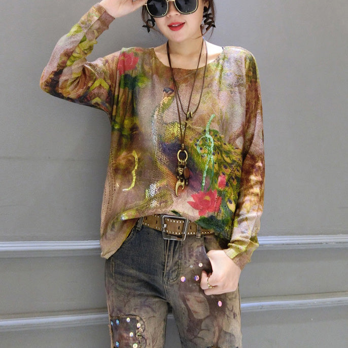 fit gold phoenix print cotton knit tops oversize asymmetric Streetwear sweater