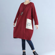 solid cotton pockets prints burgundy casual dresses oversize o neck mid dress