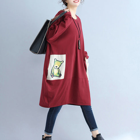 solid cotton pockets prints burgundy casual dresses oversize o neck mid dress