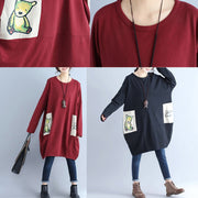 solid cotton pockets prints burgundy casual dresses oversize o neck mid dress