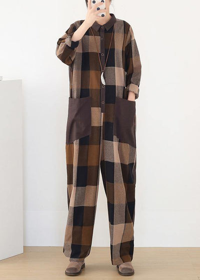 spring big pockets ming Harem cotton brown plus szie  plaid jumpsuit - bagstylebliss