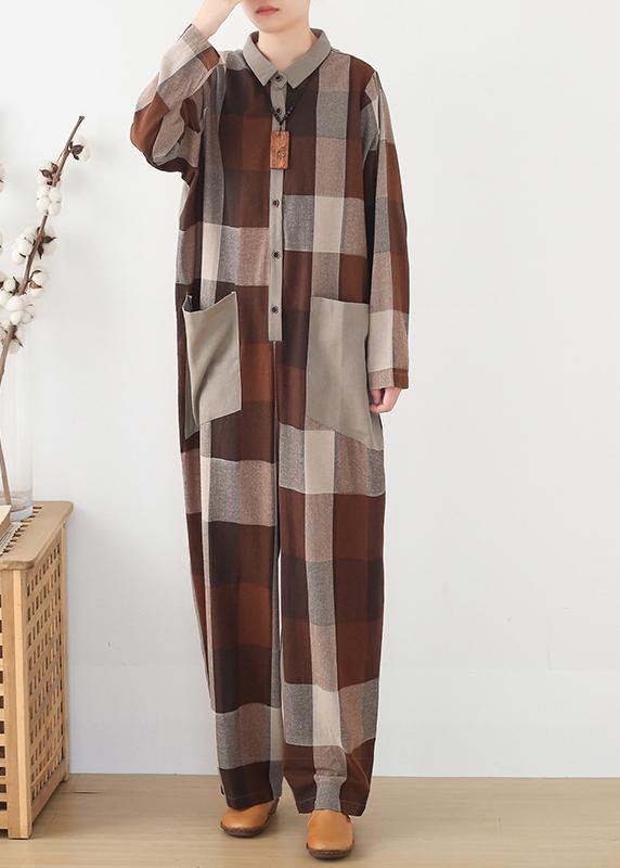 spring big pockets ming Harem cotton brown plus szie  plaid jumpsuit - bagstylebliss