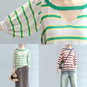 spring green striped cotton tops plus size lantern sleeve t shirt