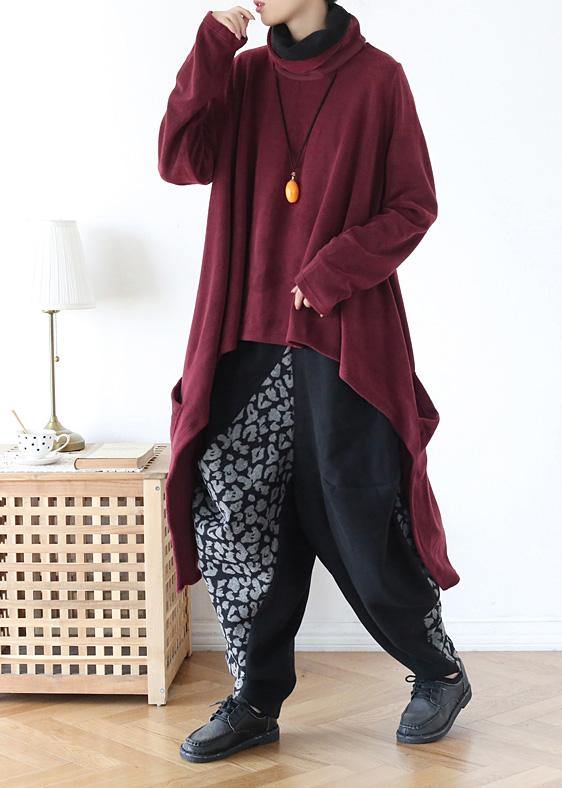 spring high neck red knit sweat tops plus size clothing asymmetric hem knit blouse - bagstylebliss