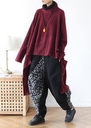 spring high neck red knit sweat tops plus size clothing asymmetric hem knit blouse - bagstylebliss