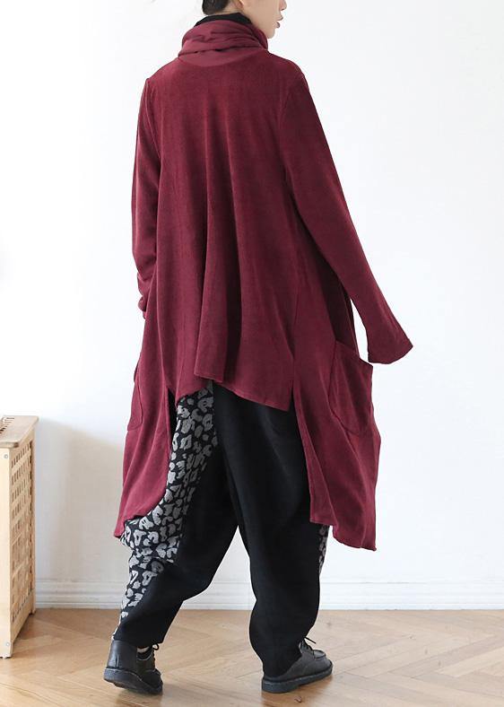 spring high neck red knit sweat tops plus size clothing asymmetric hem knit blouse - bagstylebliss