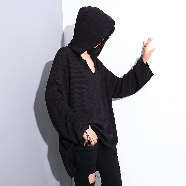 Stilvolle schwarze Baumwollmischung in Übergröße Baggy-Kleidung mit Kapuze, Damen, Langarm, asymmetrisches Design, Baumwollkleidung