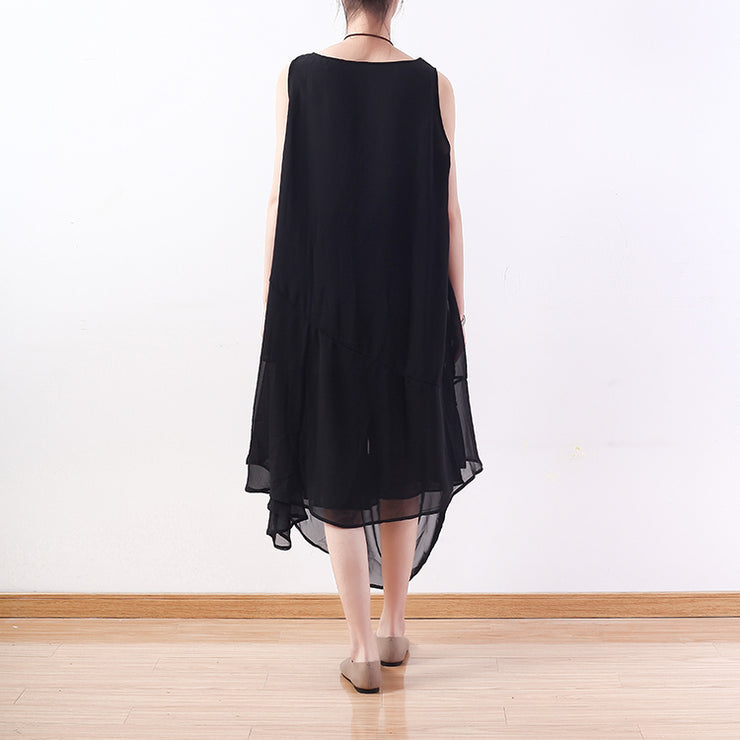 stylish black natural chiffon dress plus size asymmetric hem chiffon casual sleeveless dresses