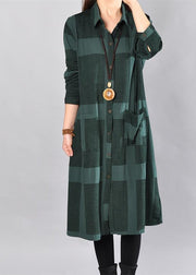 stylish blackish green Midi-length cotton dress trendy plus size casual dress women long sleeve plaid cotton shirt dress