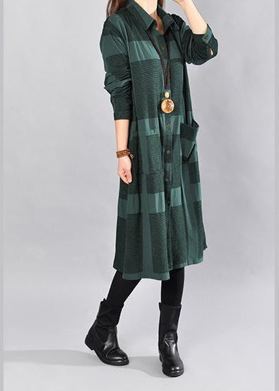 stylish blackish green Midi-length cotton dress trendy plus size casual dress women long sleeve plaid cotton shirt dress