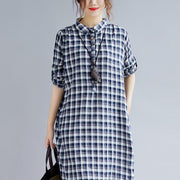 stylish blue Plaid cotton dresses plus size clothing Turn-down Collar traveling dress fine long sleeve side open maxi dresses