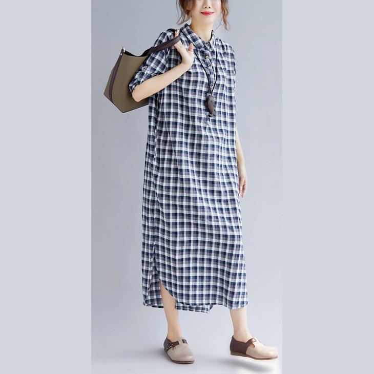 stylish blue Plaid cotton dresses plus size clothing Turn-down Collar traveling dress fine long sleeve side open maxi dresses