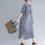 stylish blue Plaid cotton dresses plus size clothing Turn-down Collar traveling dress fine long sleeve side open maxi dresses