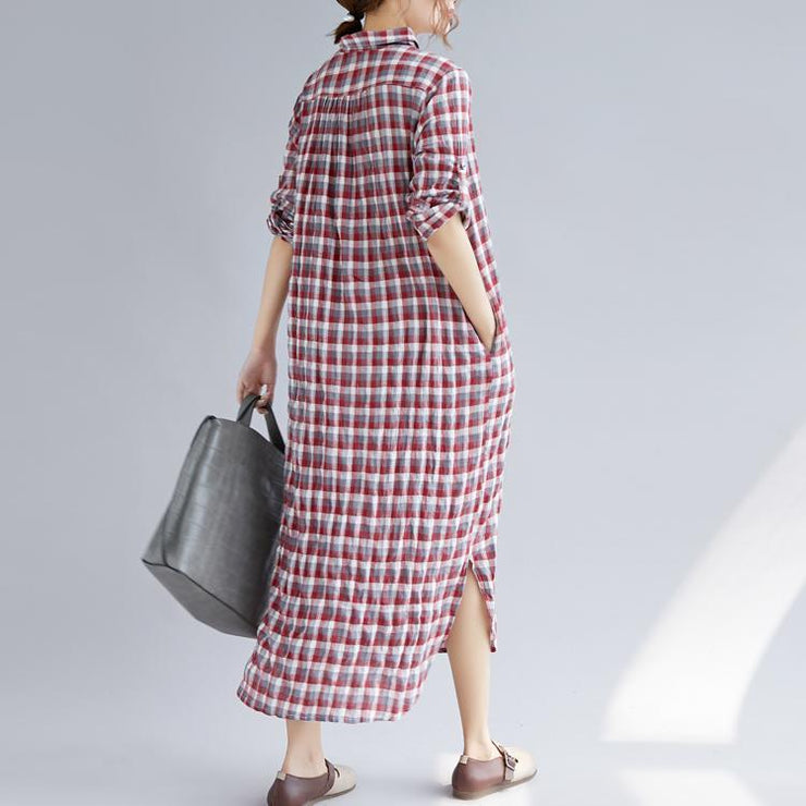 stylish blue Plaid cotton dresses plus size clothing Turn-down Collar traveling dress fine long sleeve side open maxi dresses