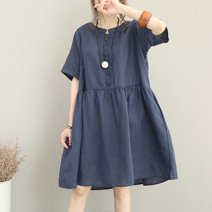 stylish blue linen dress oversize linen maxi dress women ruffles o neck cotton dress