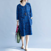 stylish blue print cotton dress trendy plus size holiday dresses New long sleeve baggy V neck side open cotton dress