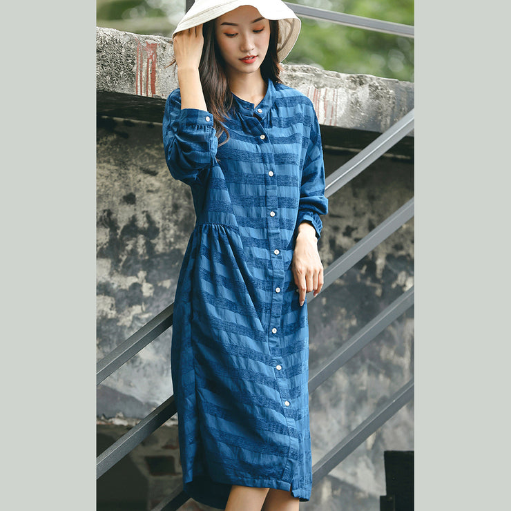 stylish blue striped oversized casual dress pockets Fine stand collar natural linen dress