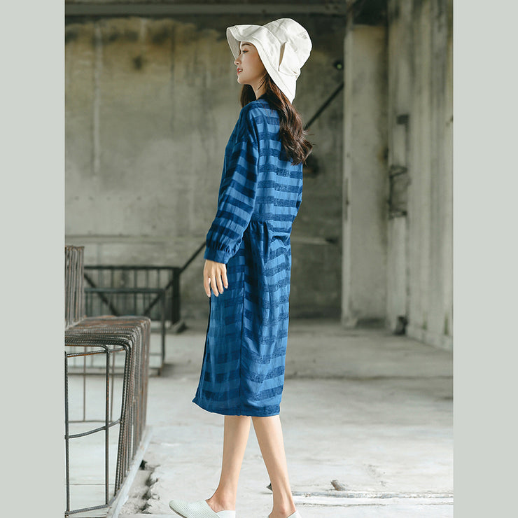 stylish blue striped oversized casual dress pockets Fine stand collar natural linen dress