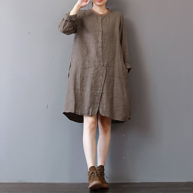 stylish chocolate linen shirt dress plus size traveling clothing long sleeve casual o neck dresses