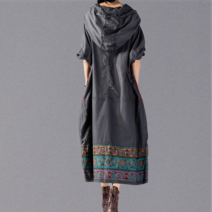 stylish gray print 2018 oversize Hooded baggy maxi dress Fine patchwork cotton dresses