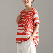 stylish linen tops over sized Red Stripe Short Sleeve Summer Casual Tops