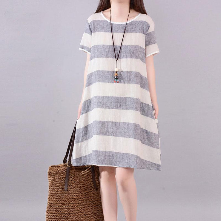 stylish long linen dresses plus size clothing Gray Stripe Short Sleeve Casual Cotton Flax Dress