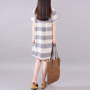 stylish long linen dresses plus size clothing Gray Stripe Short Sleeve Casual Cotton Flax Dress