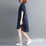 stylish navy pure linen dress trendy plus size linen maxi dress vintage short sleeve Turn-down natural linen dress