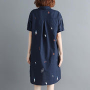 stylish navy pure linen dress trendy plus size linen maxi dress vintage short sleeve Turn-down natural linen dress