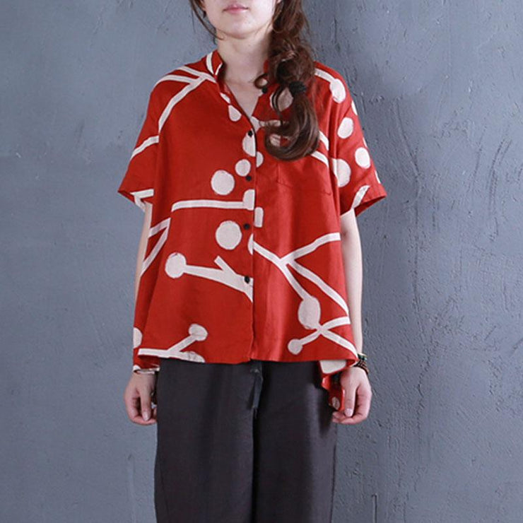 stylish pure linen tops oversized Stand Collar Printed Single Breasted Red Blouse