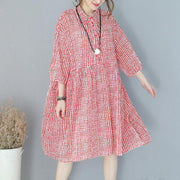 stylish red plaid cotton dresses plus size traveling clothing casual lapel collar bracelet sleeved cotton dress